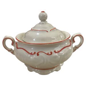 Antique Royal Ivory KPM Sugar Bowl White W/ Red Trim & Lid & Handles 4.5” High